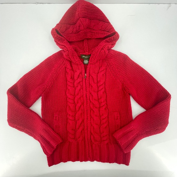 Vtg Eddie Bauer Women's Red Cable Knit Wool Blend Hooded Full Zip Sweater Size S - Picture 3 of 6